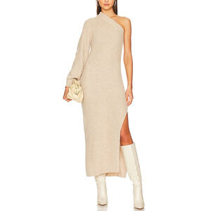 L'Academie 'Feride' Tan Acrylic One Shoulder Midi Dress Size XS